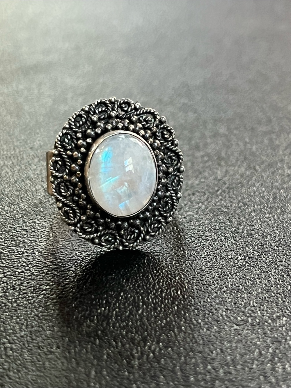 Sterling Silver Moonstone Beaded Halo Ring -Blue flash. See description